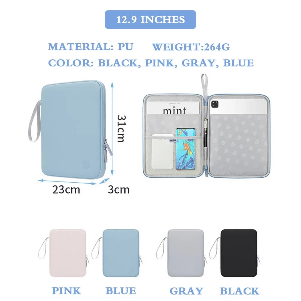 Multifunctional Waterproof Fabric Sleeve for iPad 10.9" 12.9" Double as Mouse Pad Portable Handheld Tablet Carry Bag