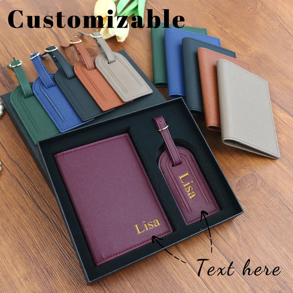 Set con nome personalizzato, porta passaporto unisex Safiano in pelle PU e confezione regalo con etichetta per bagagli