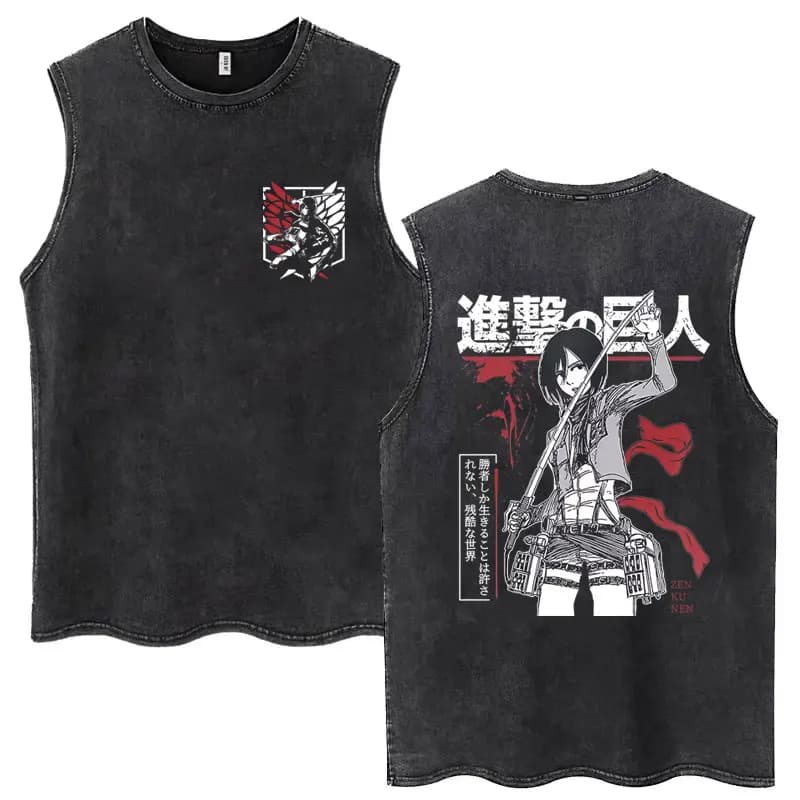 Maglietta Senza Maniche Oversize Vintage Ispirata all'Anime Giapponese Attack on Titan, Mikasa Ackerman, Stile Punk Casual per Uomo e Donna