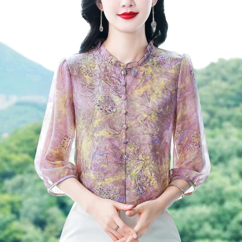2026 Spring Summer Women Tops Ruffles Collar 3/4 Sleeve Floral Printed Shirt Elegant Fashion Casual Chiffon Blouse