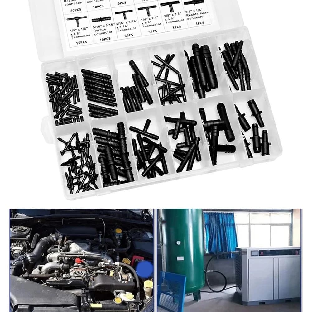 Kit di connettori per aspirapolvere per auto da 128 pezzi, raccordi a T per la riparazione di tubi e linee interne di auto e camion, in nylon.