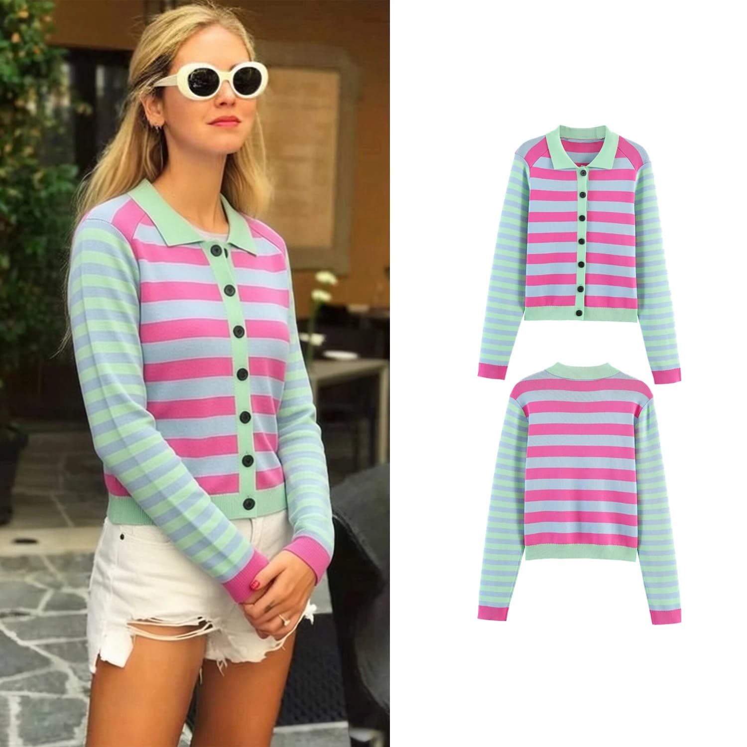 Women Youthful Striped Knitted Coats Spring Female Chic Multicoloured O-Neck Single Breasted Long Sleeve Short Sweater Jackets