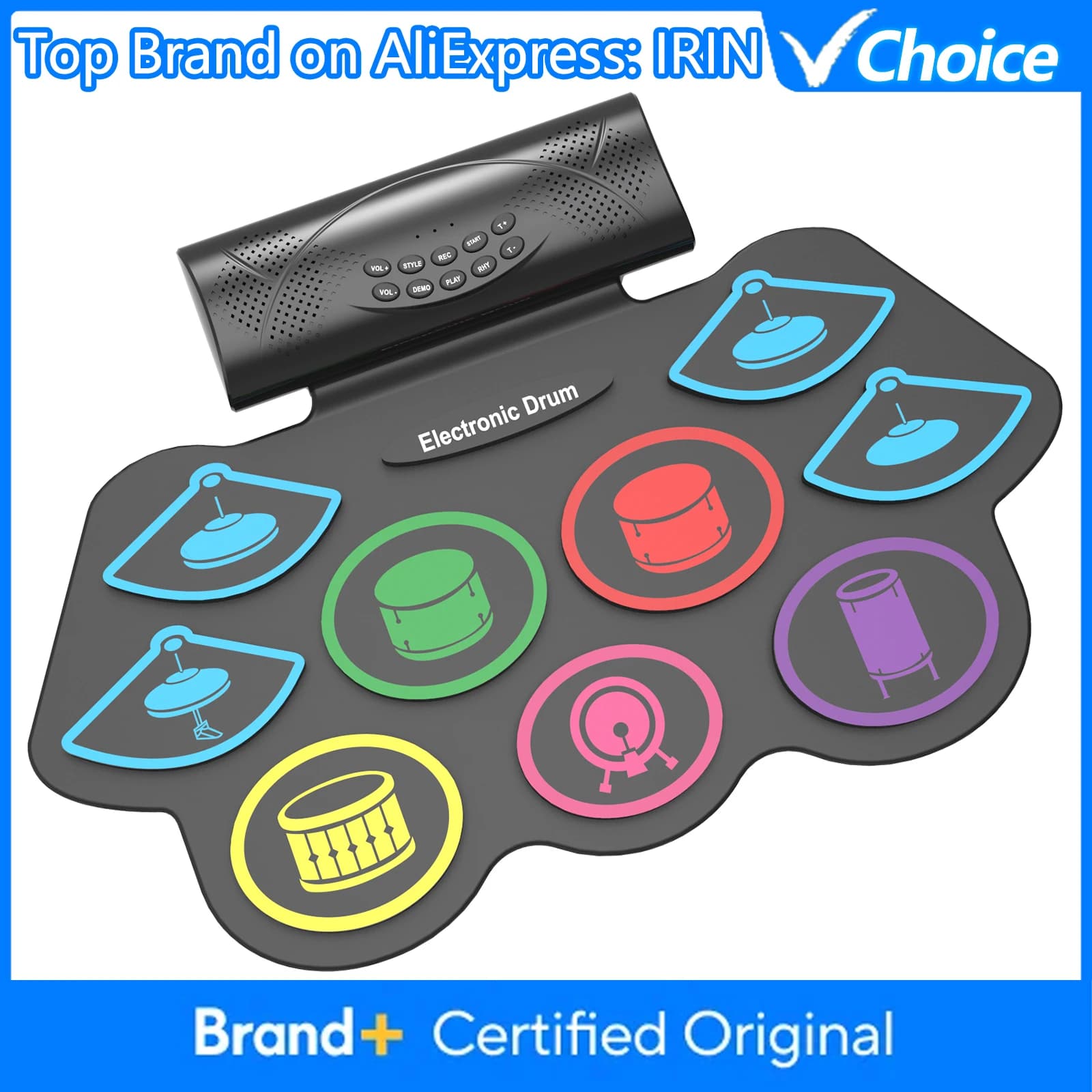 IRIN Portable Electronic Drum Kit Foldable Bluetooth MIDI Drum Pad with Dual Pedals Silent Headphone Practice Learning Recording