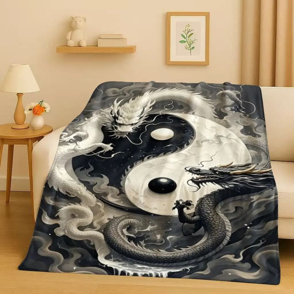 3D Yin Yang Element Dragon Chinese Loong Cartoon Flannel Blanket,Ultra Soft Warm Plush Throw for Home Bedroom Bed Sofa Cover Kid