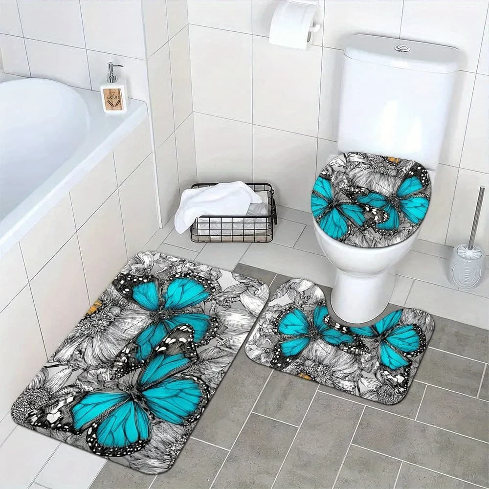Tappetini da bagno in peluche morbidi e assorbenti da 3 pezzi: design a farfalla geometrico antiscivolo, lavabile e confortevole in bianco e nero, perfetti per