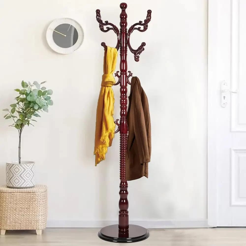 Wooden Coat Rack reestanding, Hall Tree Hanger With Resin Hooks, Adjustable Heavy Duty Coat Rack or Hanging Clothes Bags Hats in