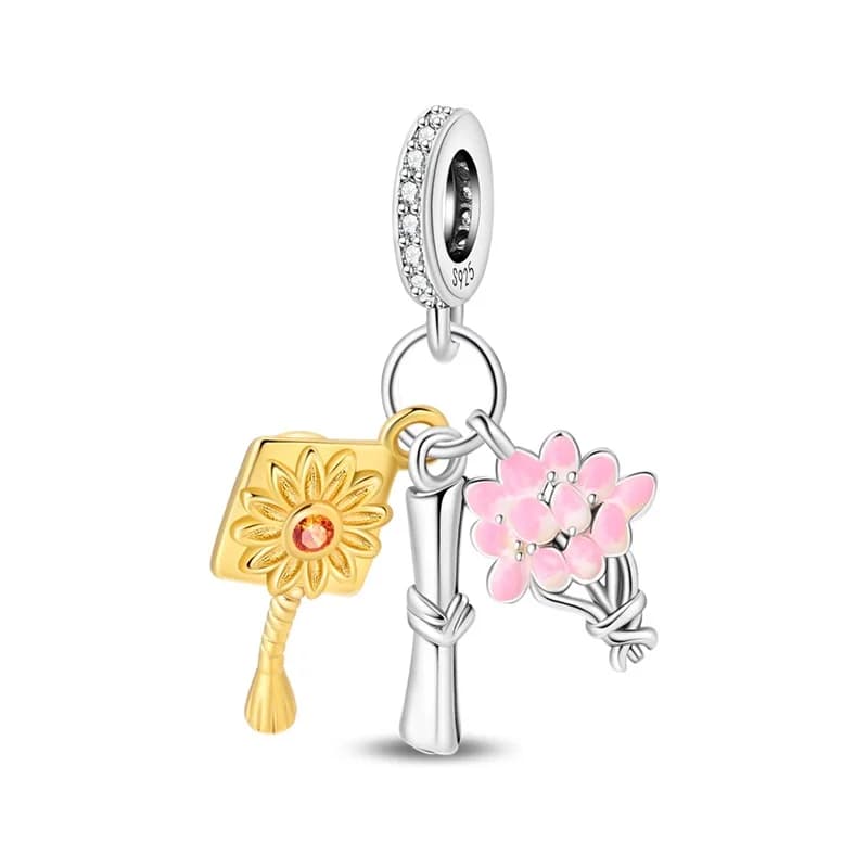 Ciondoli in Argento Sterling 925 per la Laurea, Set da Tre Pezzi, con Zirconi CZ Scintillanti, Compatibili con Braccialetti Originali, Gioielli Fai da Te da Donna