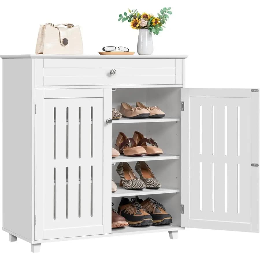 4-level shoe with drawer and adjustable shelves, wooden shoe rack with Persian doors