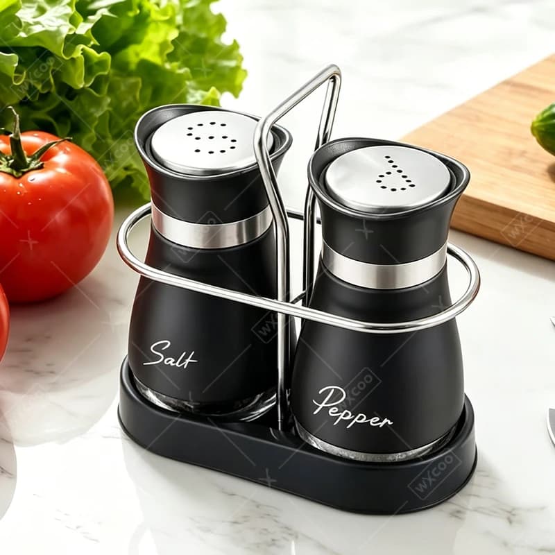 Set di Barattoli in Vetro per Spezie da Cucina, Dispenser Regolabile e Ricaricabile per Sale e Pepe con Ripiano e Fori di Erogazione