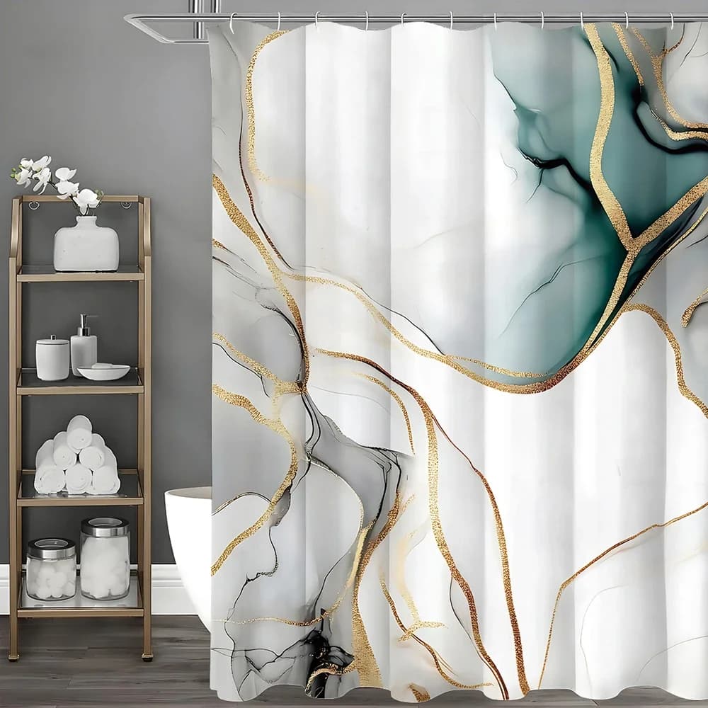 Tenda da doccia con motivo in marmo blu bianco grigio oro, tenda da doccia decorativa per bagno, tenda da doccia impermeabile con ganci