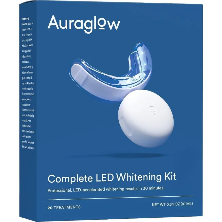 Auraglow tooth whitening kit with LED accelerator light for home use Contains 35 whitening gel for caramide peroxide offering Ov