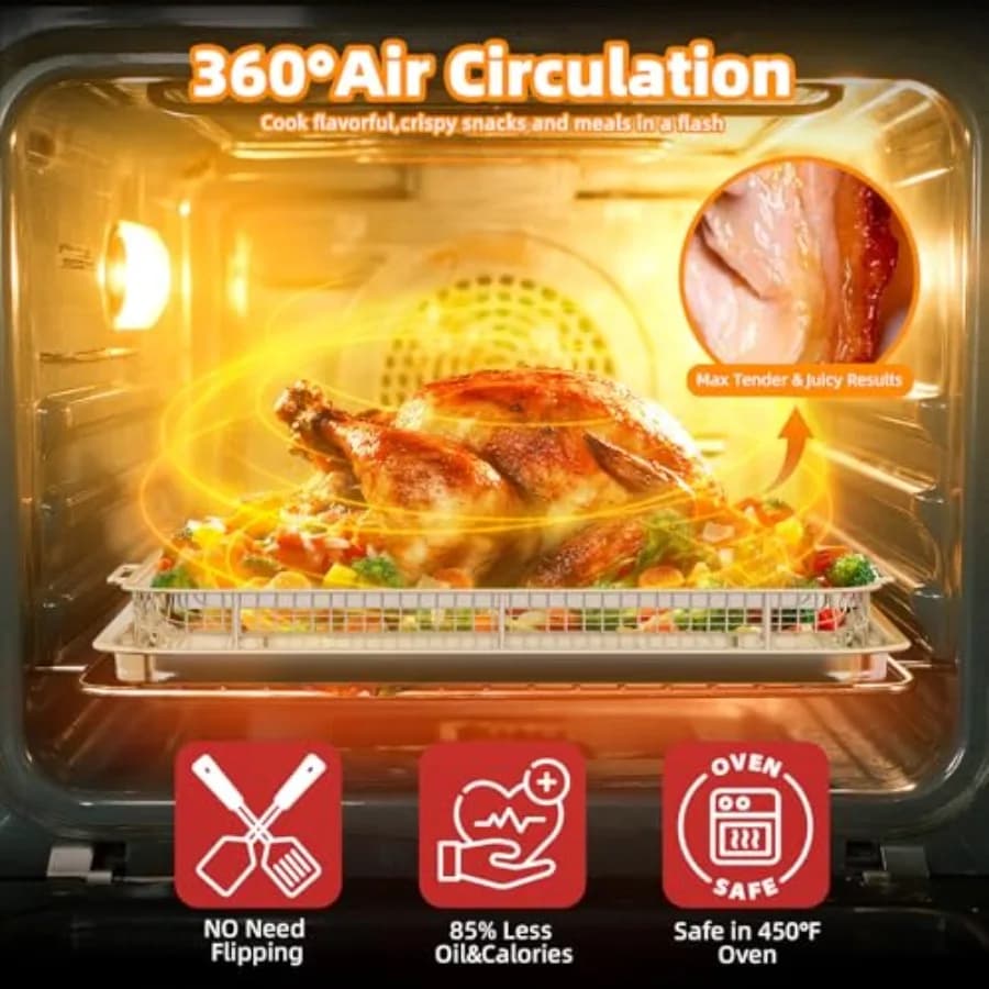 Set di 3 Cestelli per Friggitrice ad Aria in Acciaio Inox, Argento, con 90 Fogli di Carta da Forno Antiaderenti, Lavabili in Lavastoviglie, Ideali per Cuocere