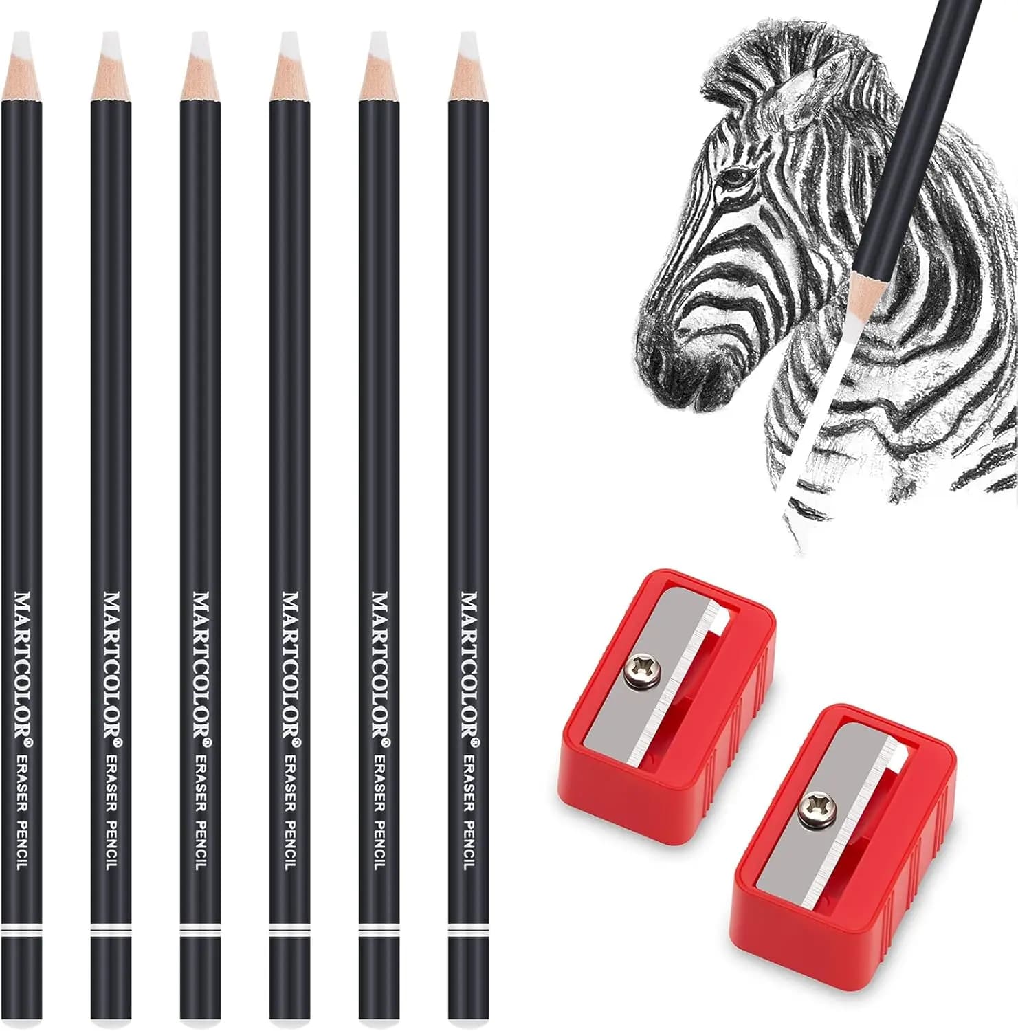 6pc Eraser Pencils & 2pc Sharpener Set - Fine Detail Eraser for Sketching, Charcoal & Colored Pencils