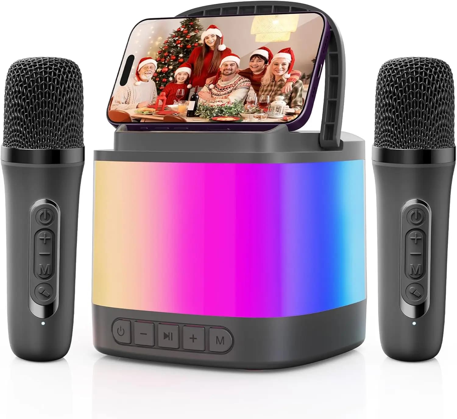 Macchina per Karaoke Portatile con 2 Microfoni Wireless e Supporto per Telefono, Regalo Ideale per Feste in Casa