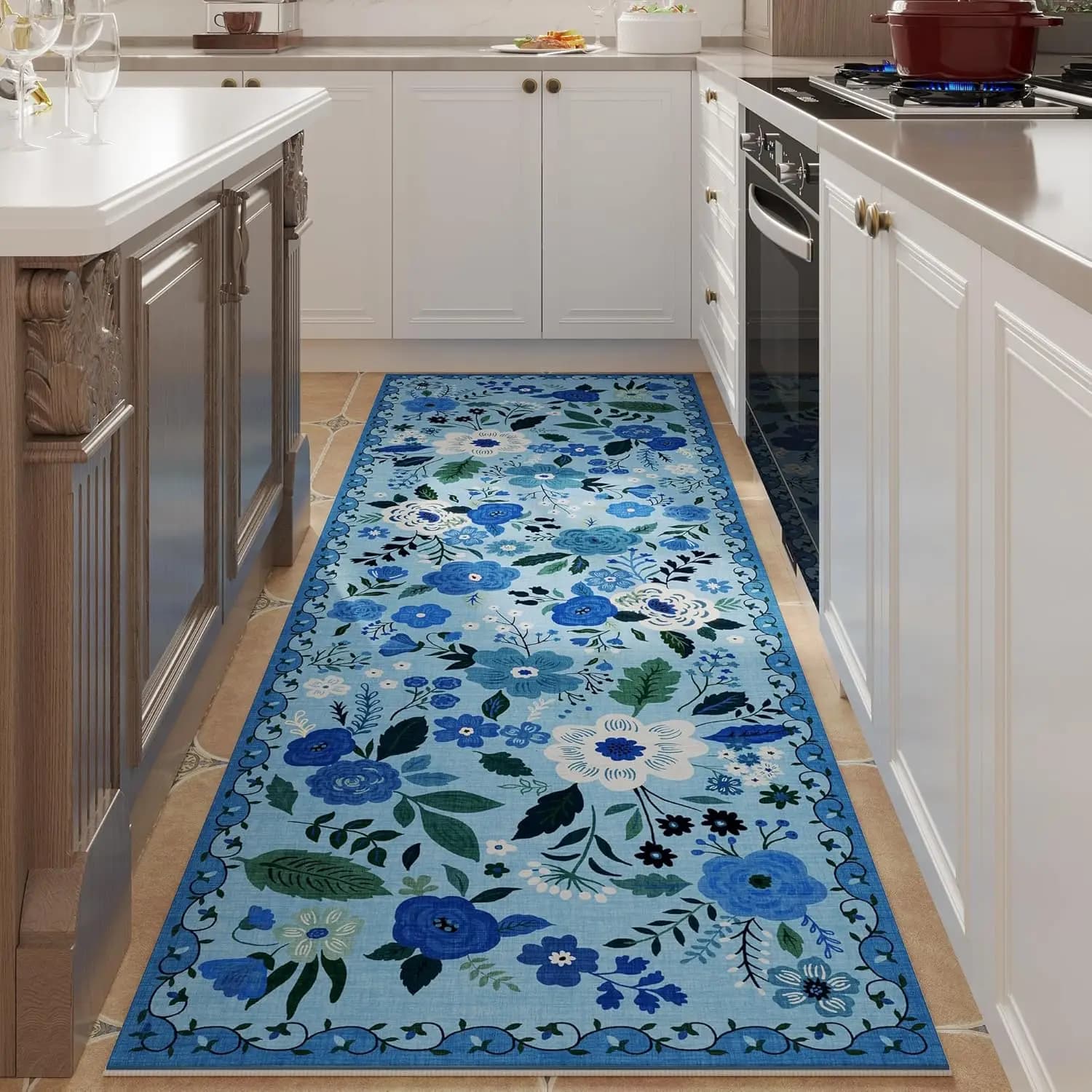 Tappeto Runner per Corridoi e Cucina, Antiscivolo, Lavabile in Lavatrice, con Fondo in Gomma, Morbidi Tappeti Floreali per Arredamento Cucina