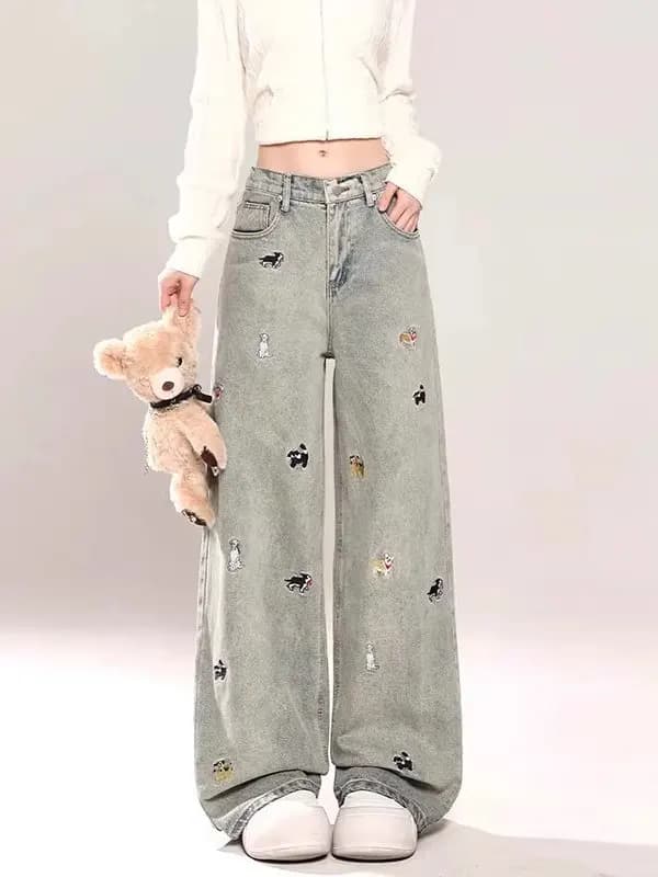 Cartoon Dog Embroidered Wide Leg Jeans Women's Summer plus Size Design Sense Small Height High Waist Loose Straight Leg Pants