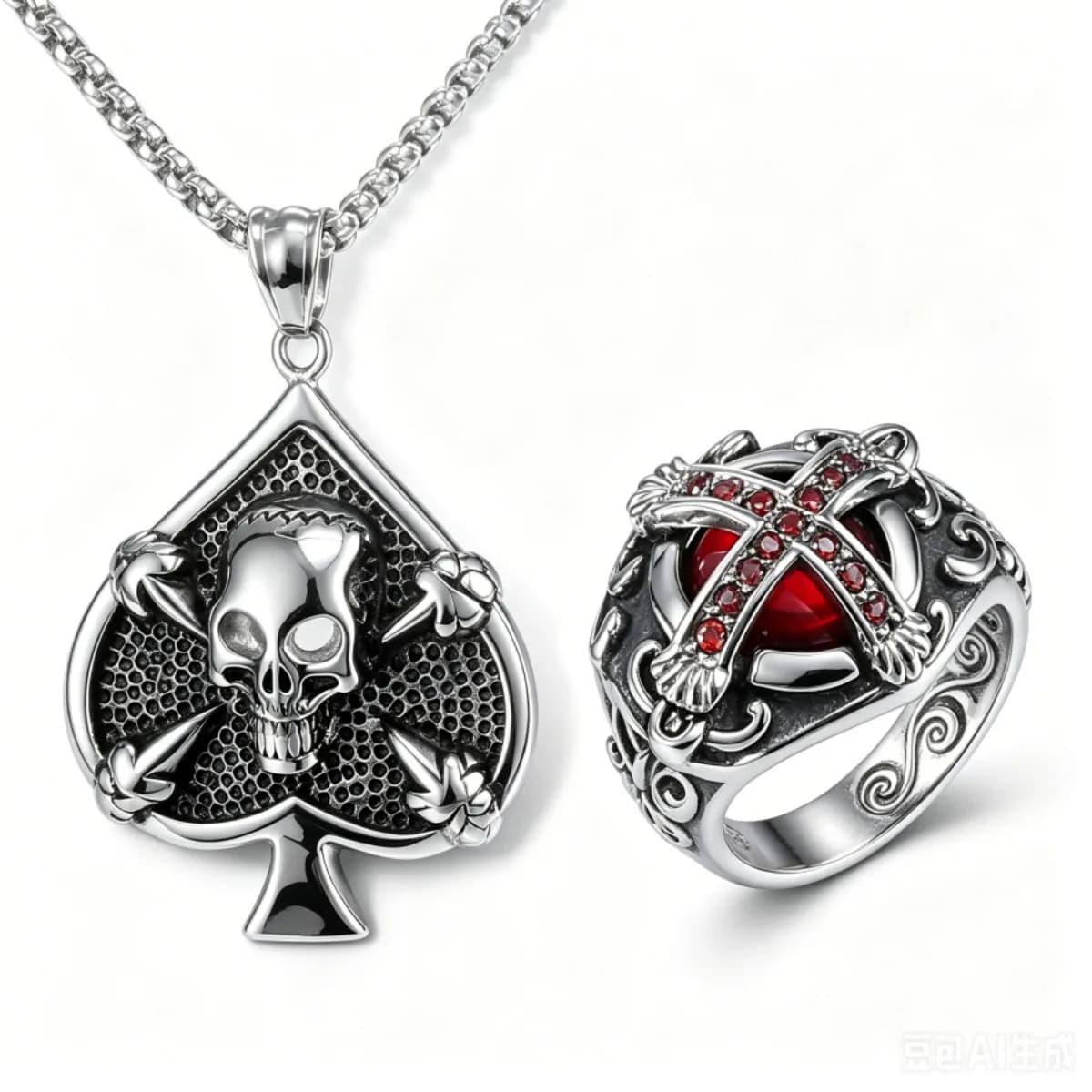 Set di Gioielli Gotici Punk da Uomo, Collana con Ciondolo a Forma di Teschio in Acciaio Inossidabile e Anello con Croce in Cristallo Rosso, Accessori per Motociclisti
