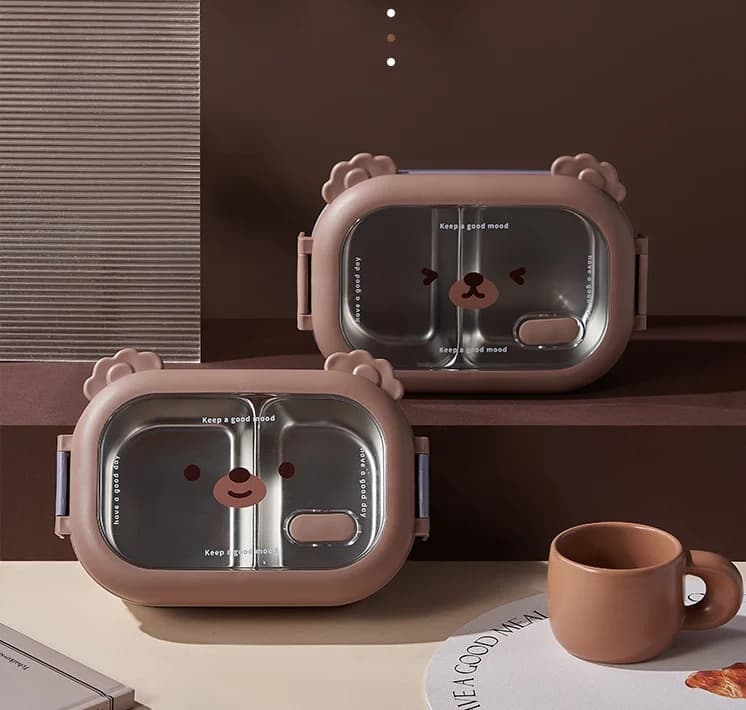Cute Bear Stainless Steel Insulated Lunch Box for Kids Students Office Workers Bento Set