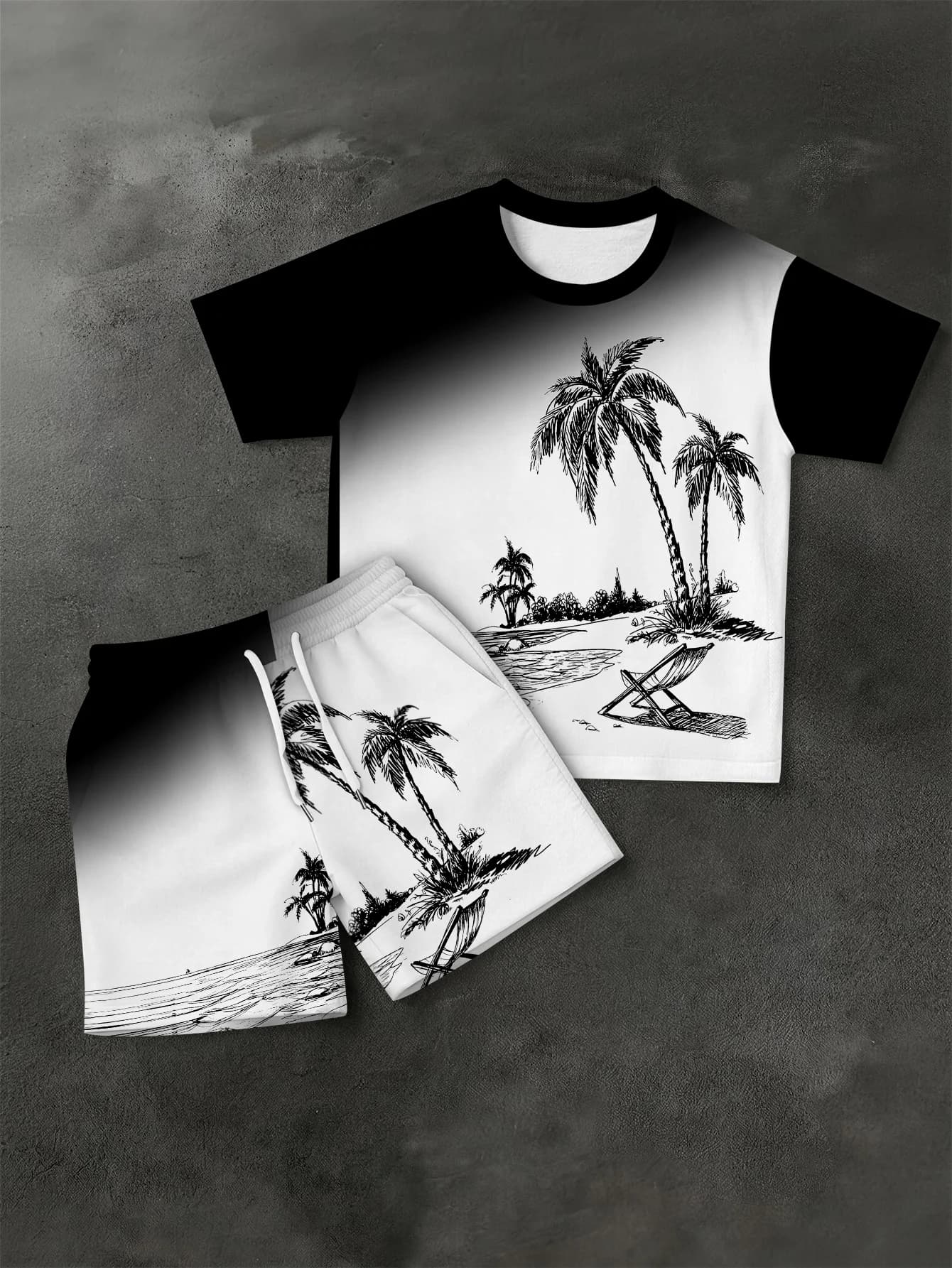 T-shirt da uomo con stampa estiva sfumata con albero di cocco, morbida e traspirante, con scollo rotondo, set di pantaloncini con coulisse, abbigliamento casual da esterno