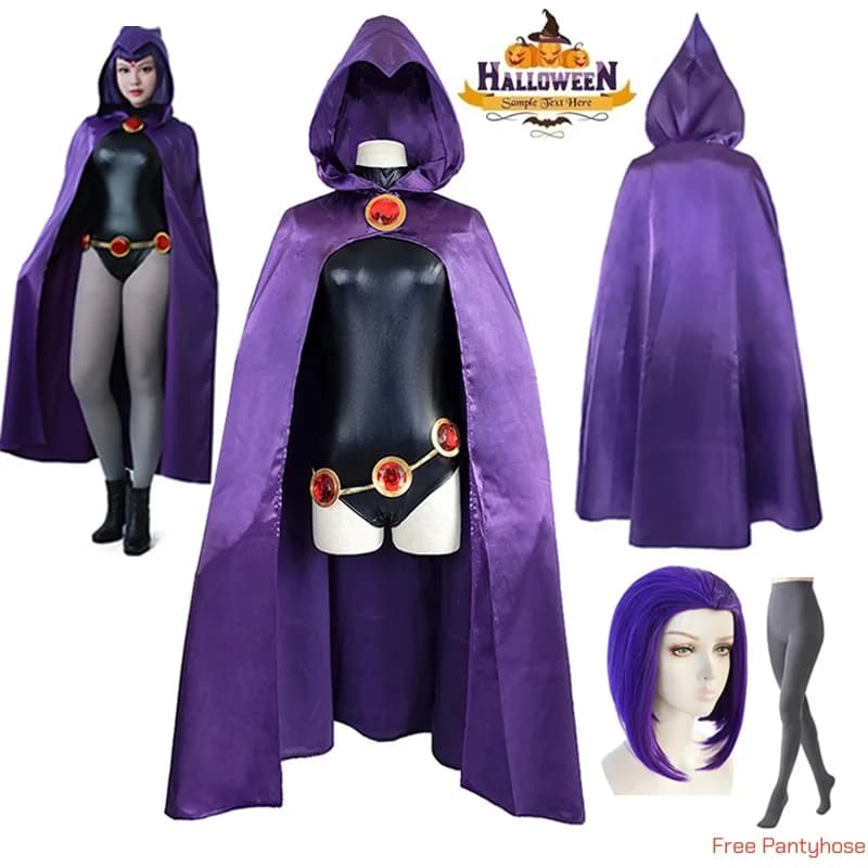 Costume cosplay TeenTitans-Raven da donna, tuta, mantello viola con cintura, costume di Halloween, uniforme per ragazze