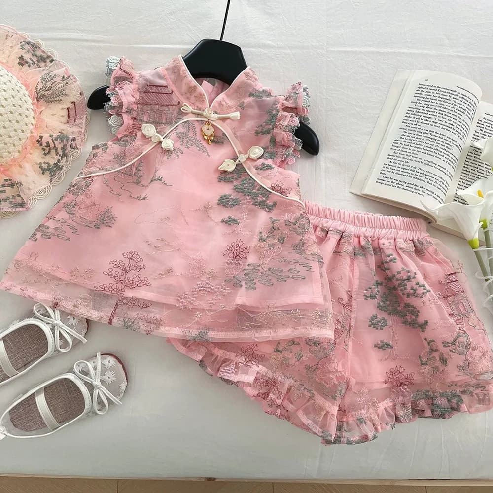 2025 Nuovo set da ragazza estivo Top senza maniche ricamato in stile cinese Tendenza moda Gilet Pantaloncini Spalla Set da due pezzi
