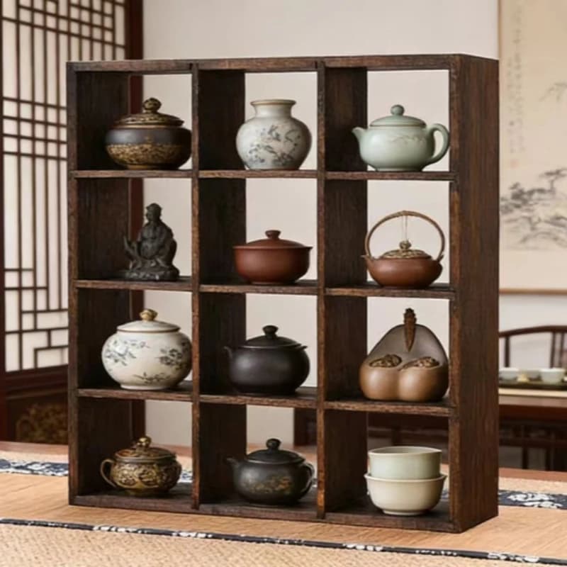 Solid Wood Entryway Curio Shelf Antique Tea Cup & Set Organizer Chinese Teapot Showcase for Tea Room Multi-Functional Study Grid