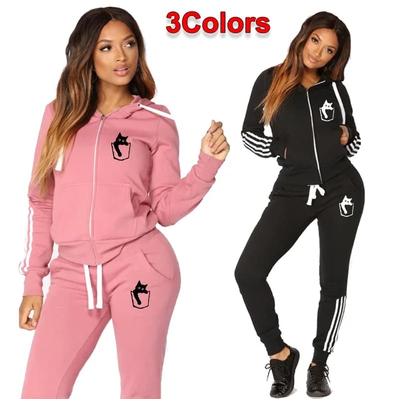 Fashionable women's cute cat printed sportswear, jogging wear, hoodie+sweatpants, sportswear