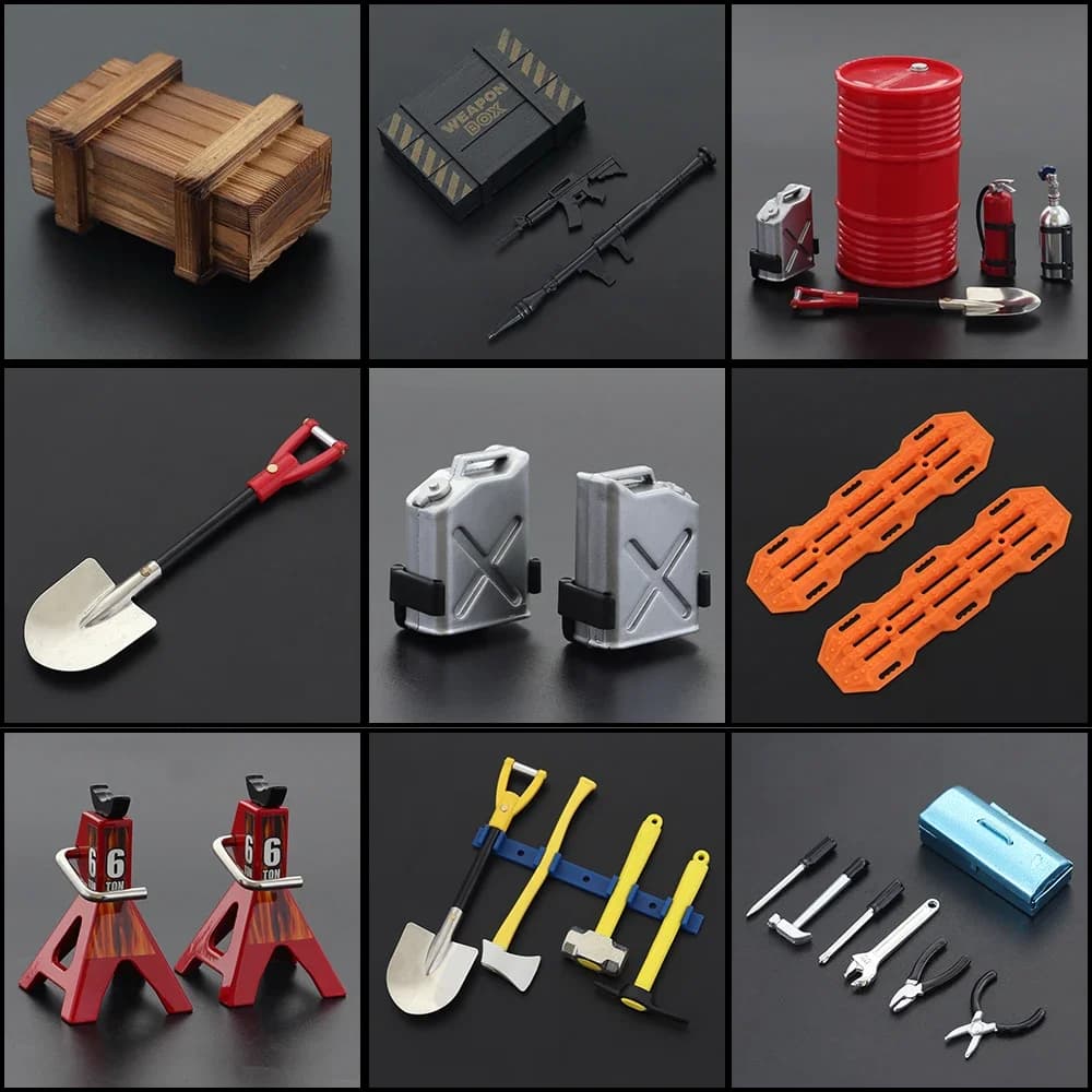 Accessori in scala 1:10 Decorazioni simulate Strumento Pala Jerry Can Estintore Tamburo olio per RC Crawler TRX4 SCX10 Mini giocattolo