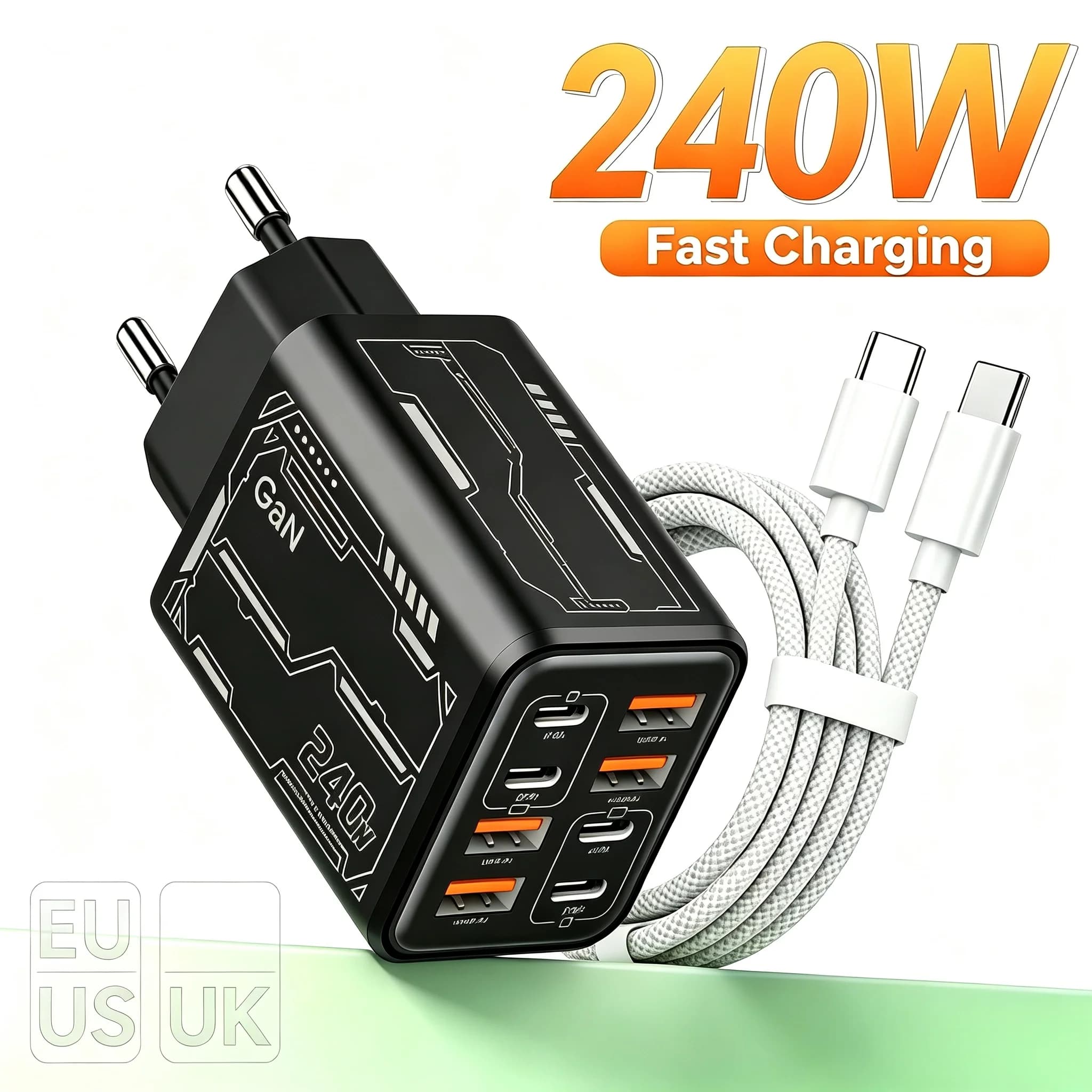 8‑in‑1 GaN 240W PD Desktop Charger 4PD 4USB Multi‑Port Power Adapter For iPhone 16 Xiaomi Samsung Notebook EU US Plug