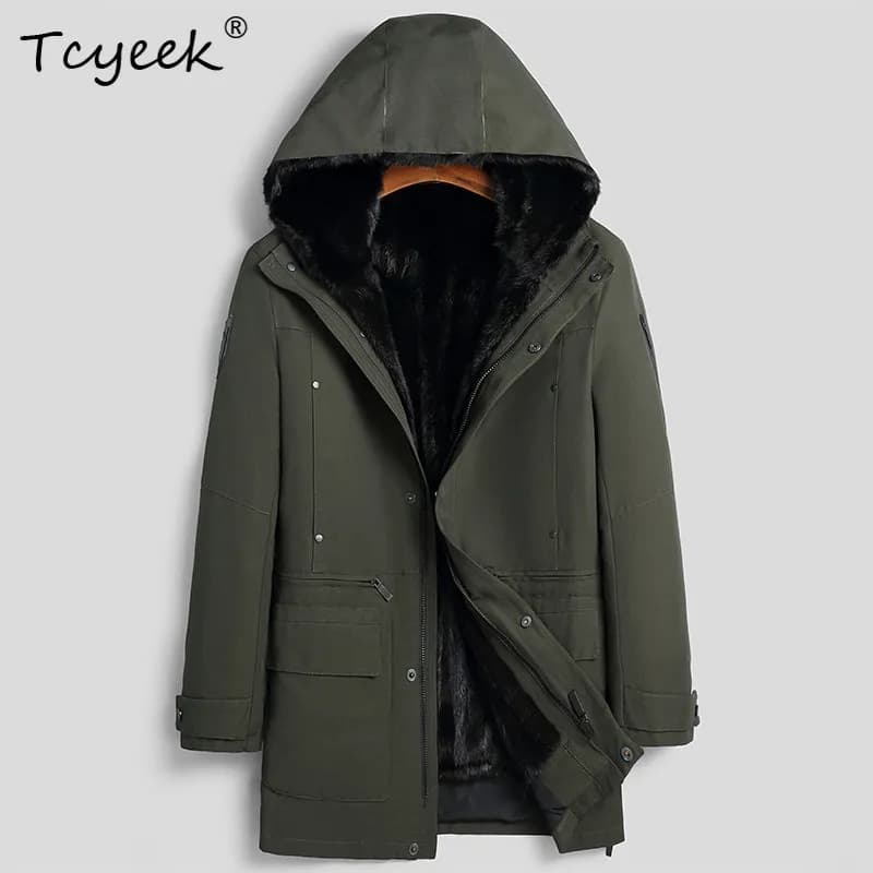 Tcyeek Visone Vera Pelliccia Cappotto Abiti Invernali Visone Interno Caldo Collo di Visone Inverno Outdoor Tuta Da Viaggio Con Cappuccio Trench di Media Lunghezza