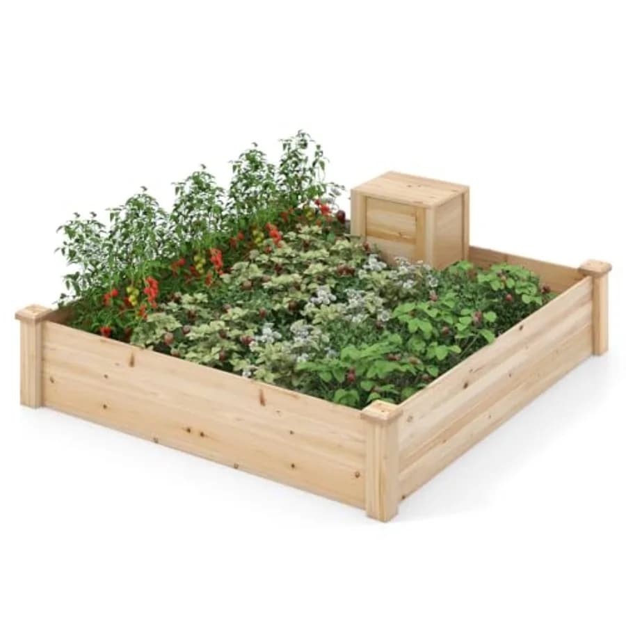 Letto da giardino rialzato 49"x49"x10" Kit fioriera in legno con contenitore per pali e fondo aperto per verdure, fiori, erbe, frutta, Elev
