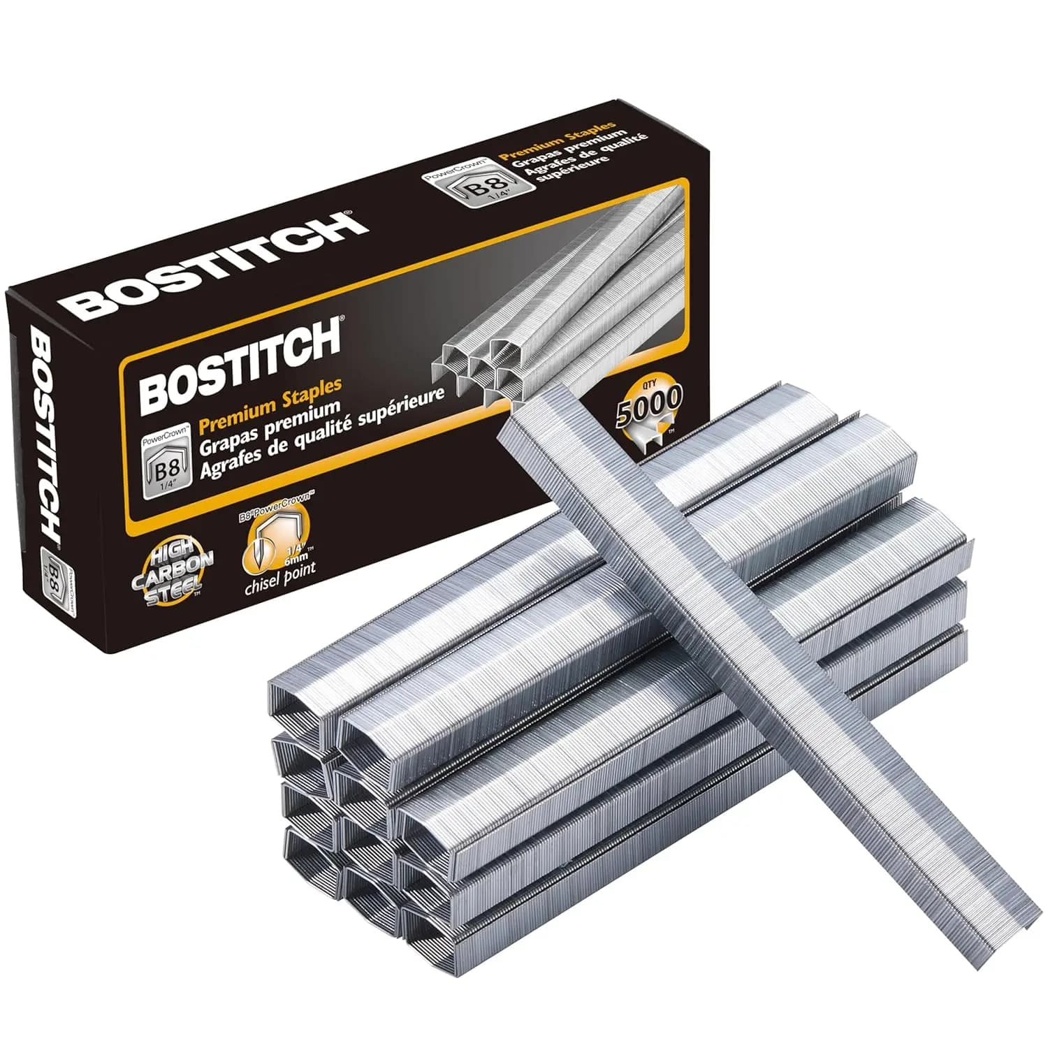5,000 Count 1/4 Inch Staples for B8 Staplers, High Carbon Steel, Full Strip
