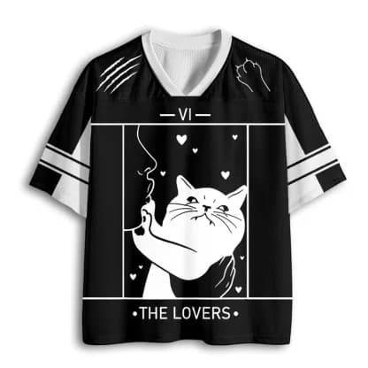 The Lovers Tarot Card Cat Graphic Mesh V Neck T-shirt Men Black White Art Summer Top