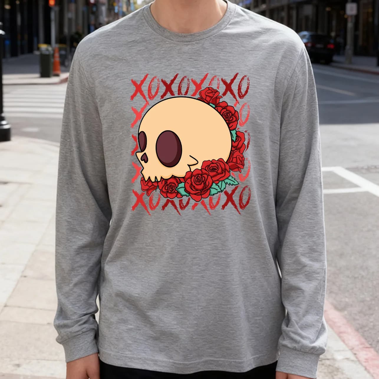 Men's Long Sleeved T-shirt Rose Skull 180g 100% cotton printed casual crew neck to wear every day soft and breathable