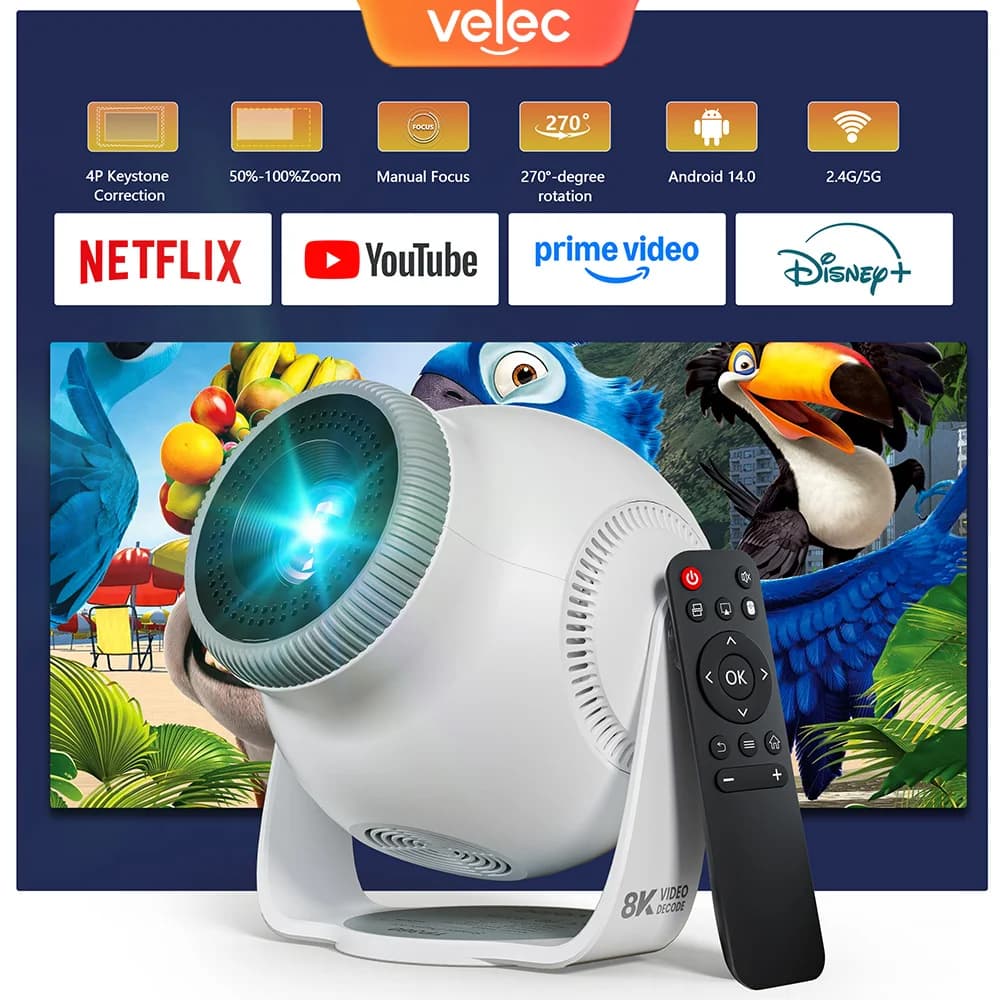 Mini proiettore Velec TP360 Decodifica 8K Android 14 Messa a fuoco automatica 450 ANSI 720P HD Proiettore di film all'aperto portatile per Home Theater