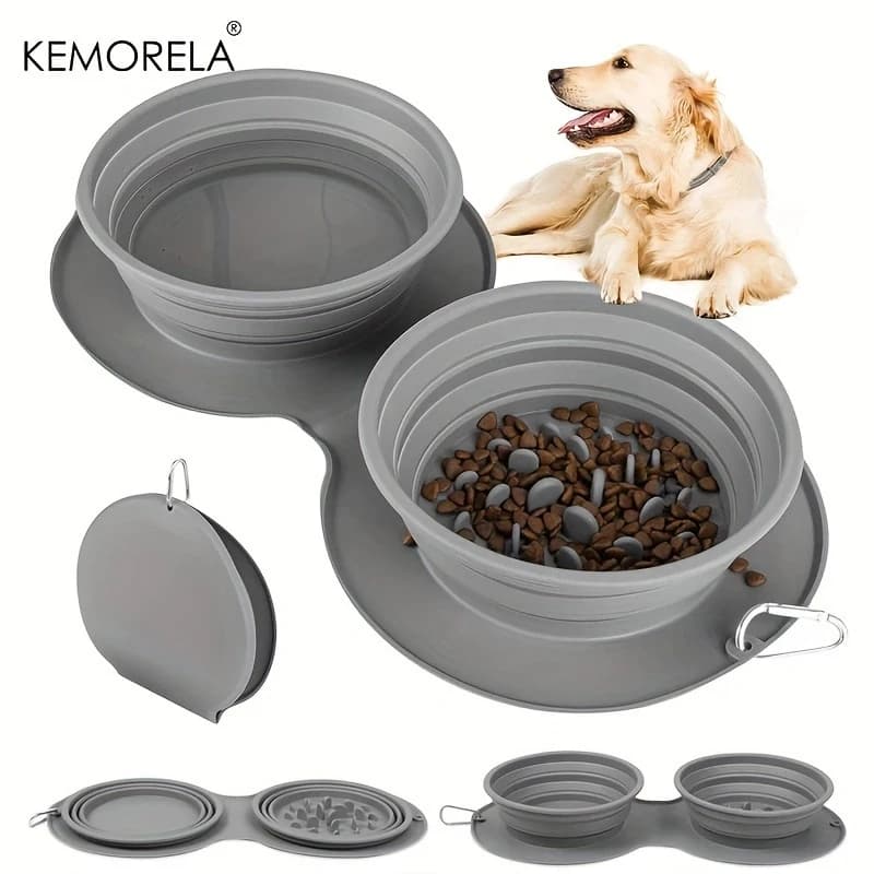Ciotola per cibo lento per cani portatile in silicone a doppio strato Ciotola per acqua Ciotola per gatti pieghevole antiscivolo adatta per viaggi all'aperto