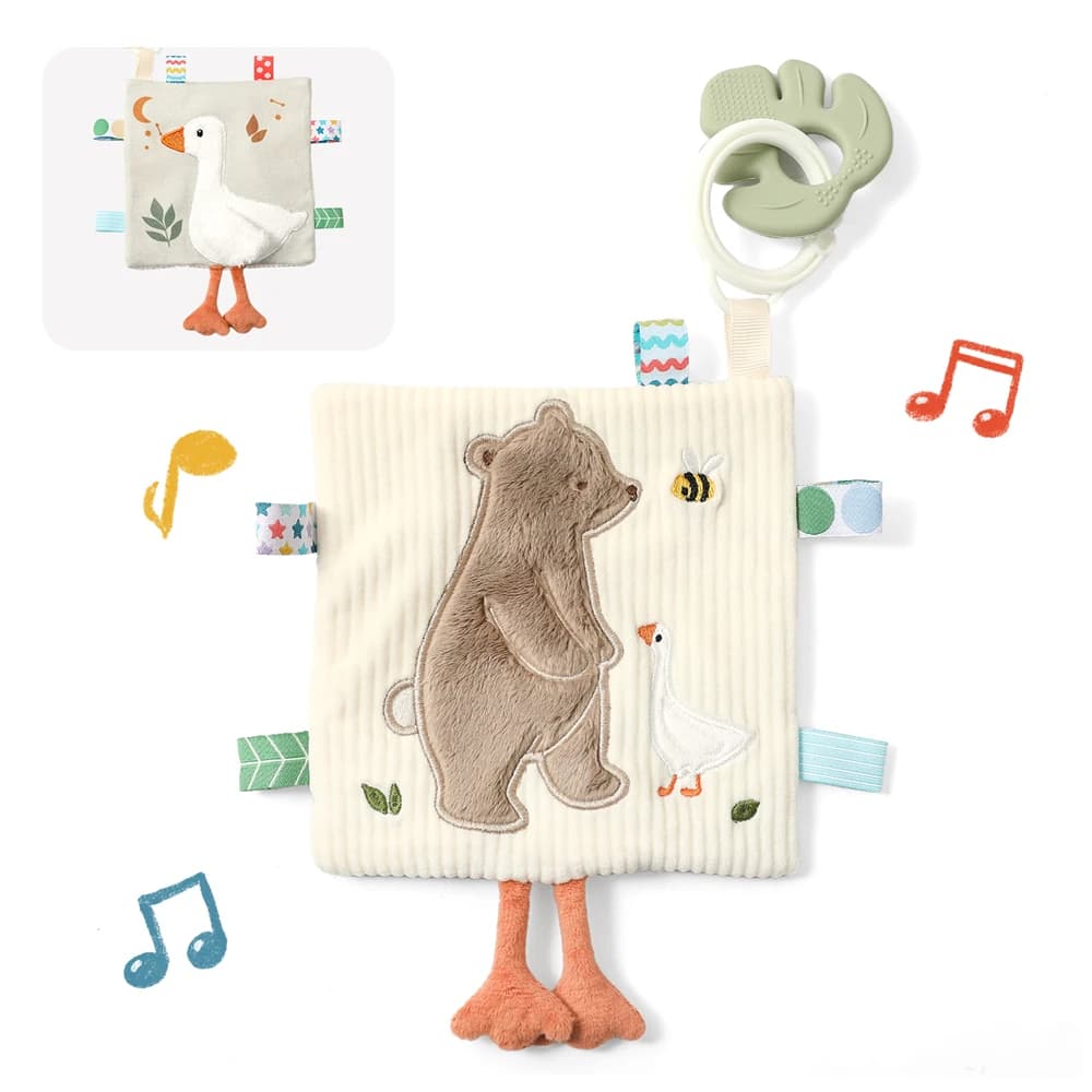 Double Sided Security Blanket with Detachable Silicone Teether Press to Sound Textured Ribbon Sensory Fine Motor Newborn Gift