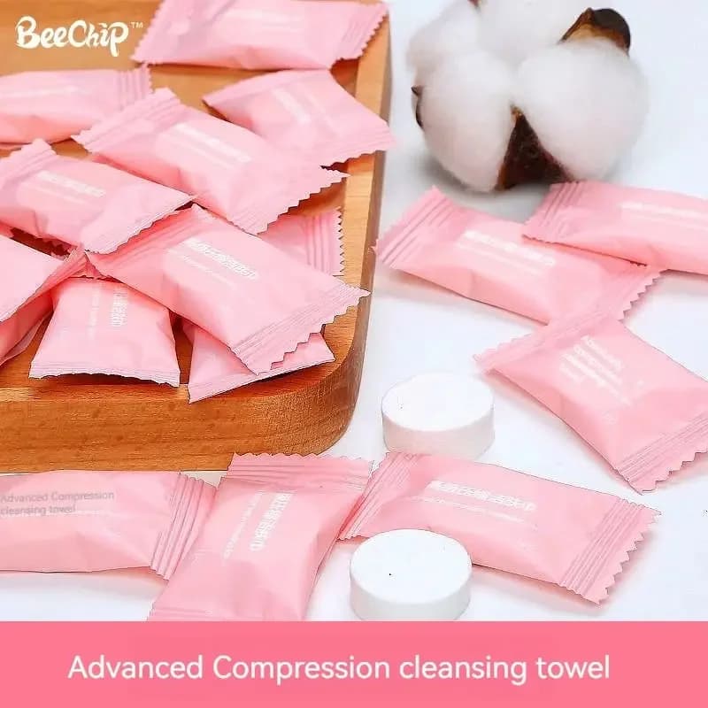 50 asciugamani compressi da viaggio in sacchetto compresso, adatti per pelli sensibili, salviette detergenti in cotone, confezione monouso per il viso