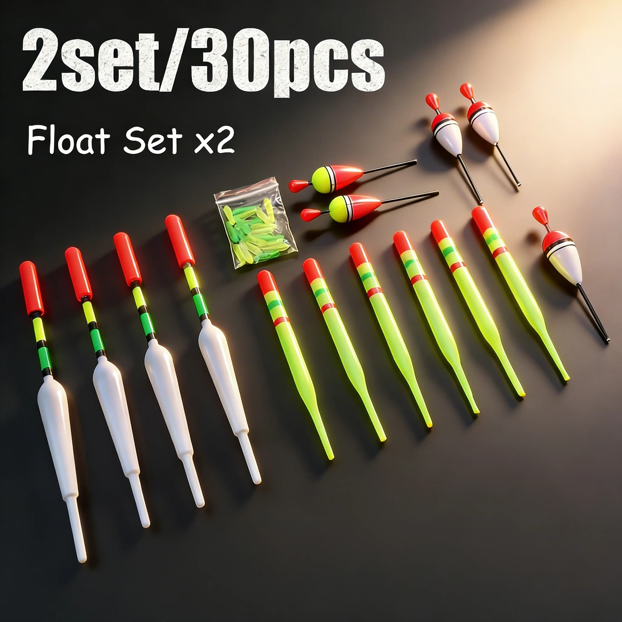 2 sets (30 pieces) of vertical floats for sea fishing, assorted sizes for most types of fishing with rubber baits for fishing.