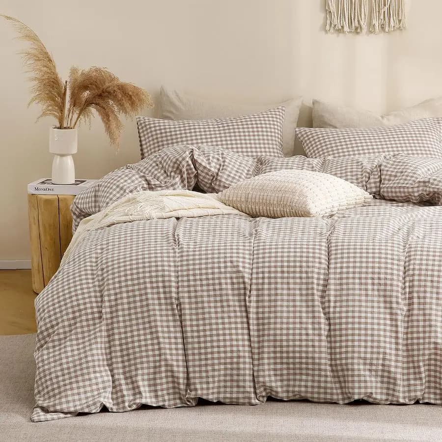 Set Copripiumino Gingham Marrone, 100% Cotone Lavato Effetto Lino, Super Morbido e Confortevole, 3 Pezzi, Stile Vintage a Quadri