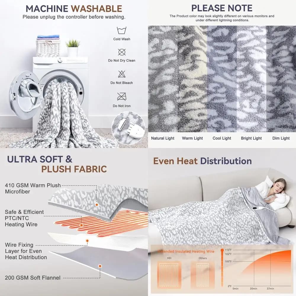 Coperta elettrica lavabile certificata, 9 livelli di calore, spegnimento automatico di 10 ore, stampa leopardata bianca grigia, 62x84