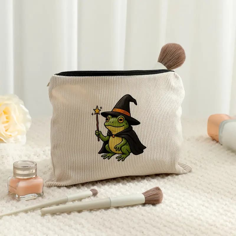 Halloween Cute Wizard Frog Print Corduroy Cosmetic Bag Witch Frog Zipper Pouch Travel Makeup Toiletry Storage Gift for Women