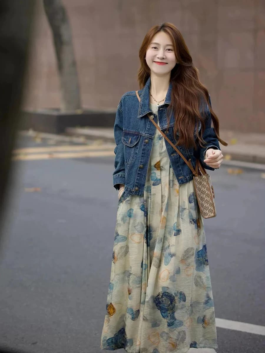 Spring Fashion plus Size Women's Denim Jacket And Dress Set Casual Loose Fit Long Sleeve Button up Pure Color Autumn Winter