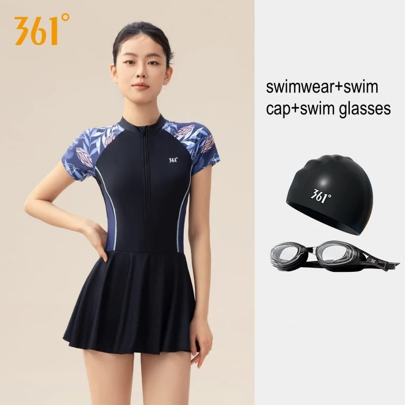 361Flat women's short sleeved sports-drying swimwear, professional athletic swimming glasses waterproof in one piece