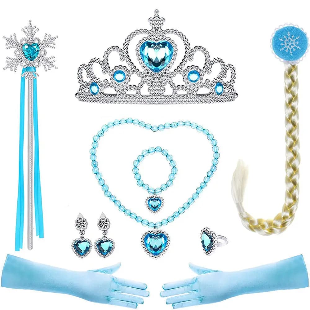 Elsa Princess Accessories Gloves Wand Crown Jewelry Set Elsa Wig Necklace Braid for Princess Dress Clothing Cosplay Dress UP