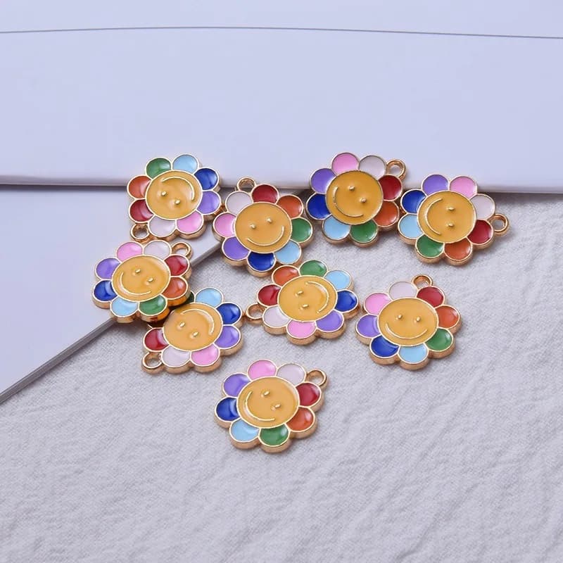 10 Pcs/lot Colorful Sunflower Smile Shaped Pendant Alloy Charms for DIY Jewelry Making Handmade Necklace Bracelet Accessories