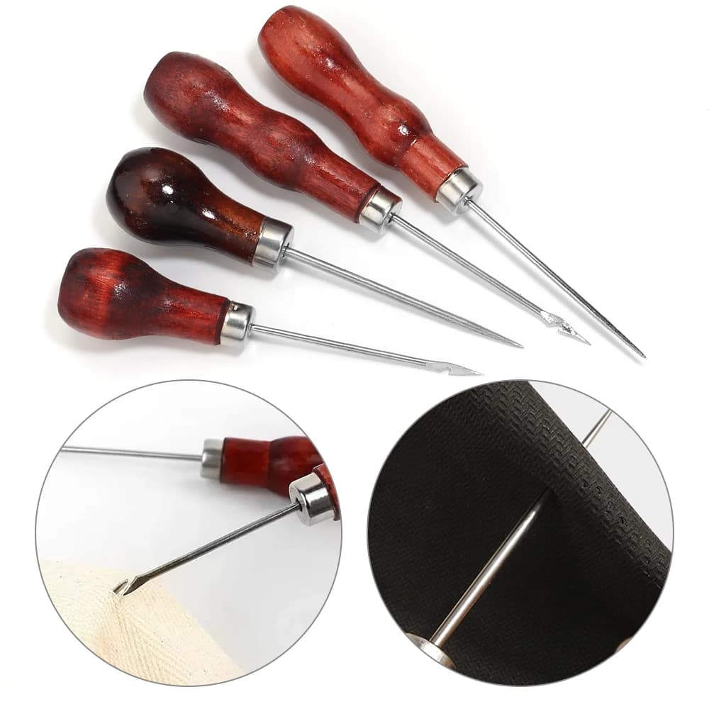Wooden Handle Awls DIY Leather Tent Sewing Awl Shoes Repair Tool Hand Stitcher Leather Craft Awl Punch Hole Tools Cone Needles
