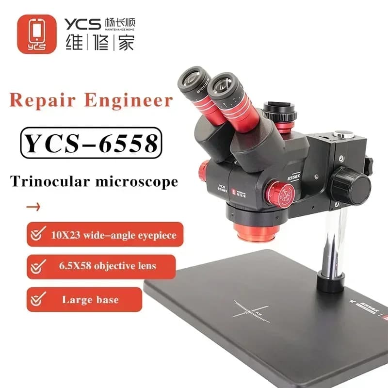Microscopio trinoculare ad alta definizione con zoom YCS 6558X 6.5-58 con base grande per kit di strumenti per microscopio per saldatura PCB per telefono cellulare