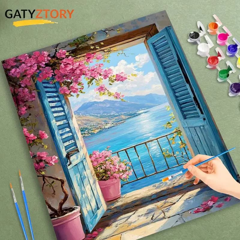 GATYZTORY Pittura a Numeri per Adulti, Kit Fai da Te per Finestre, Pittura a Olio su Tela con Cornice, Decorazione Paesaggistica