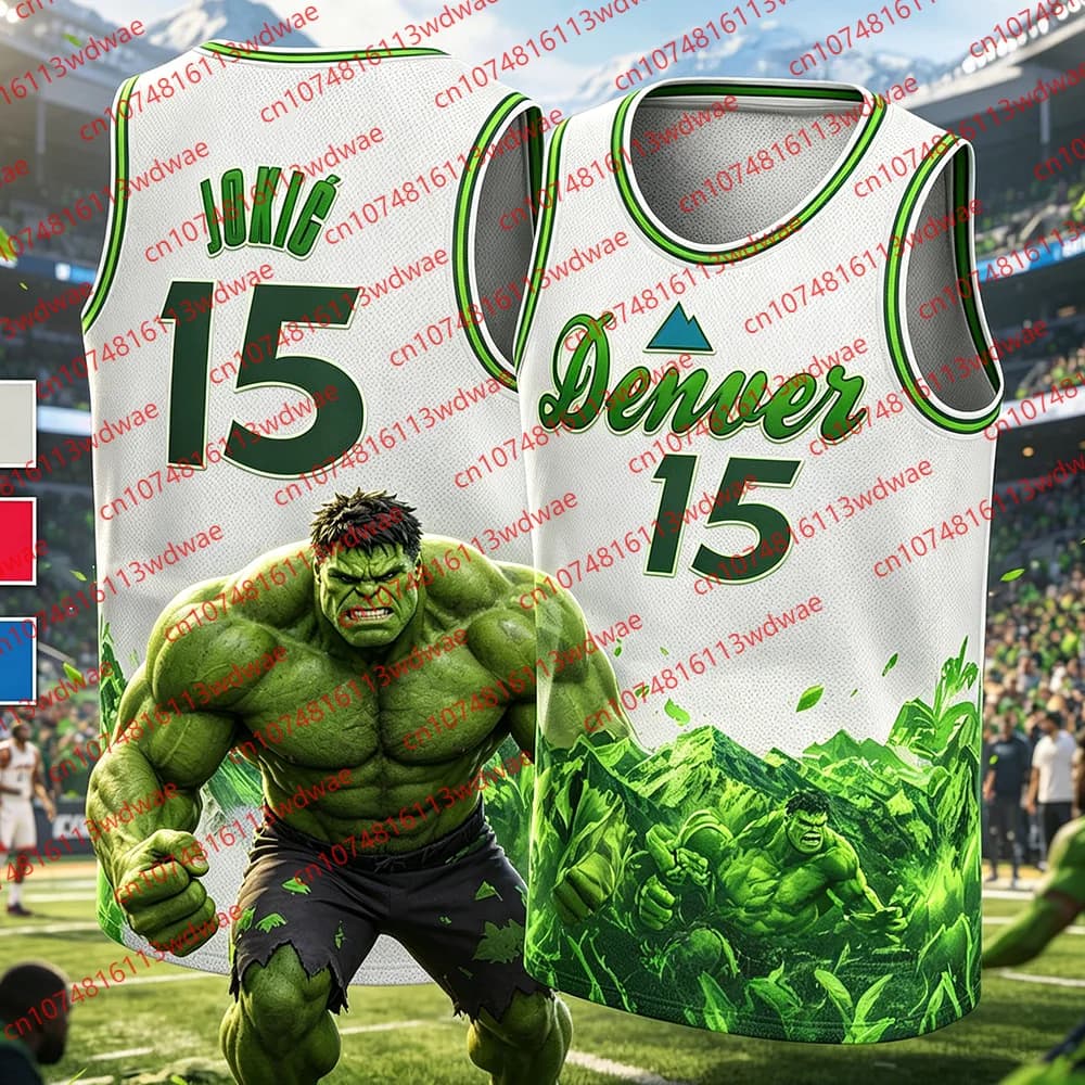 Maglia da basket classica Denver, maglia da basket The Hulk, maglia da basket Jokic 15, maglia da basket per tifosi Marvel, edizione speciale.